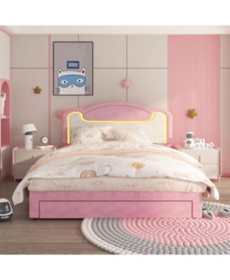 Upholstered Platform Bed with LED, Storage Drawers, Fabric Headboard, Wood Slats