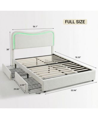 Platform Bed with LED Headboard, 2 Storage Drawers, Upholstered, Sturdy Wood Slats, Noise-Free