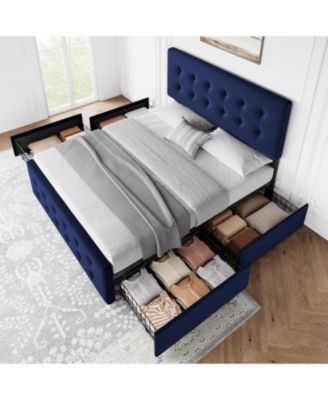 Platform Bed Frame with 4 Storage Drawers, Velvet Tufted Headboard, Wooden Slats No Box Spring