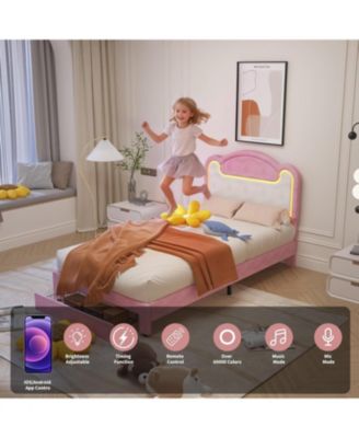 Twin Upholstered Bed Frame with LED and Storage Drawers, Fabric Headboar, Princess Design