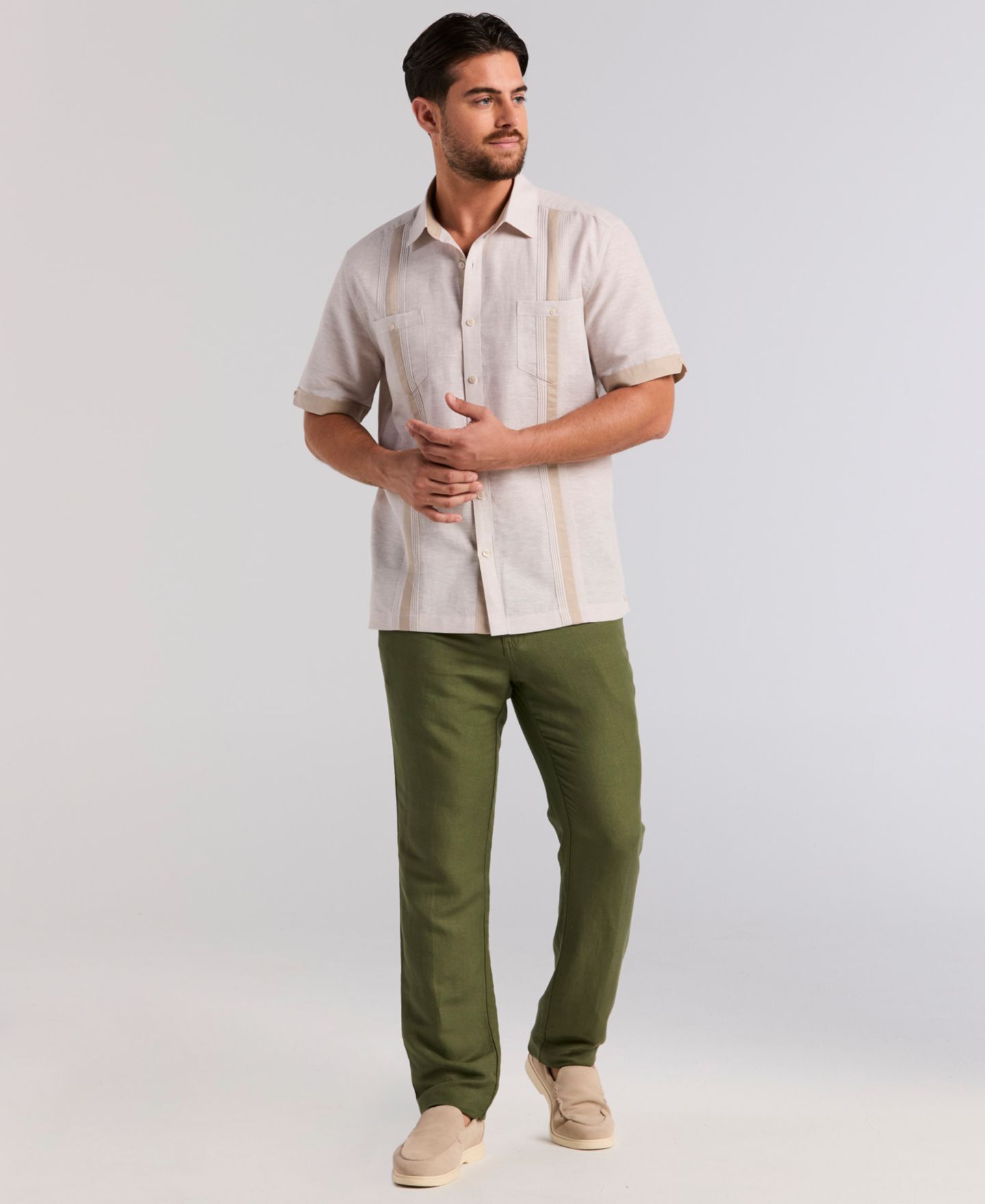 Мужская рубашка Cubavera Cross-Dyed Linen-Blend Short-Sleeve Pintucked, цвет: Серебряный — фото 2
