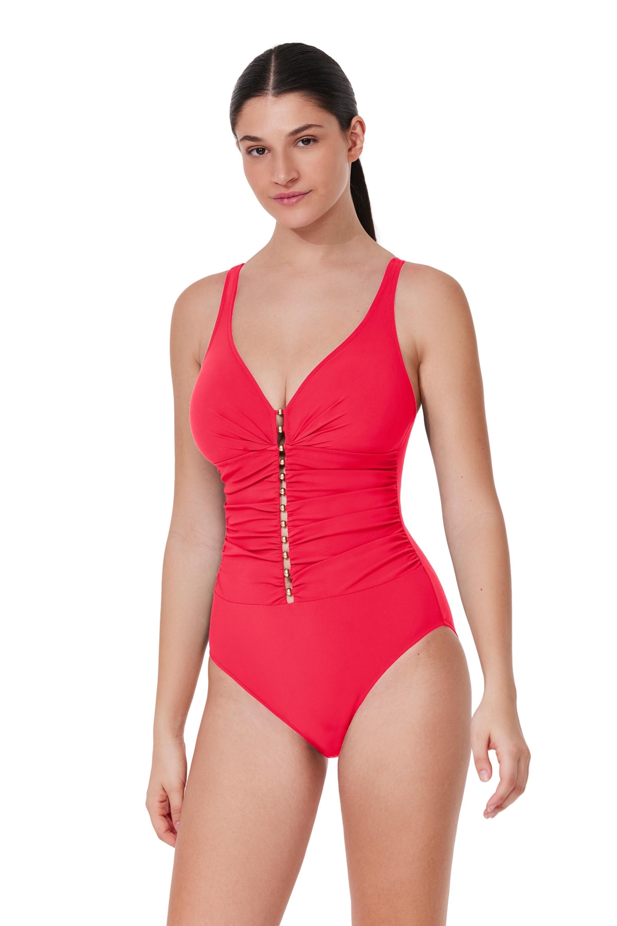 Profile by Gottex Women's Tutti Frutti Fashion D-Cup V-Neck Gold Beaded One Piece Swimsuit