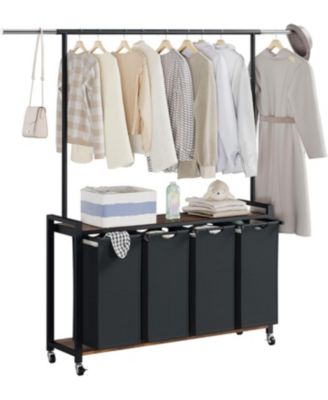 Rolling Laundry Sorter Hamper 4 Section Basket with Hanging Rack Plus Wheels Organizer for Laundry Room Rustic