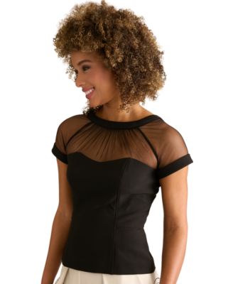 Women's Illusion Mesh Yoke and Sleeve Crewneck Top