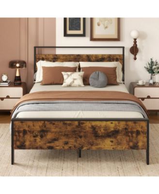 Industrial Metal Platform Bed with Wooden Headboard