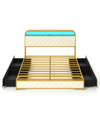 Platform Bed Frame with LED Lights and Charging Station