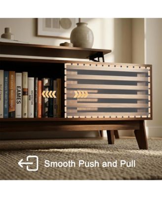 Lift Top Coffee Table with Storage, Mid Century Modern Center Table with Sliding Slatted Door and Hidden Compartment for Living Room