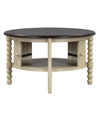 Vintage Round Coffee Table, Fluted Center Table with Sliding Door, Slatted Design for Living Room, Small Space