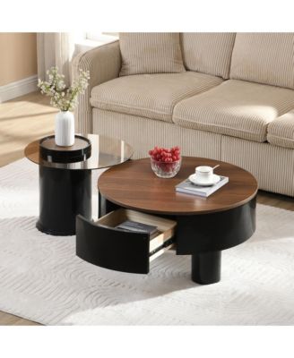 Round Nesting Coffee Table Set of 2 - Center Table with Storage Drawer, Round Coffee Table and End Table Set for Living Room, Home Office