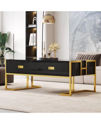 Rectangular Coffee Table, Modern 47.4" Center Table with 4 Drawers and Gold Metal Base for Living Room, Home Office