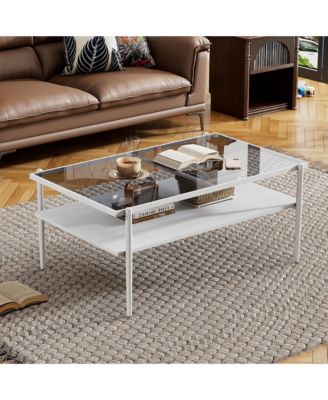 Rectangle 2 Tier Coffee Table, Center Table with Gray Tempered Glass Top and Wood Storage Shelf for Living Room, Small Space
