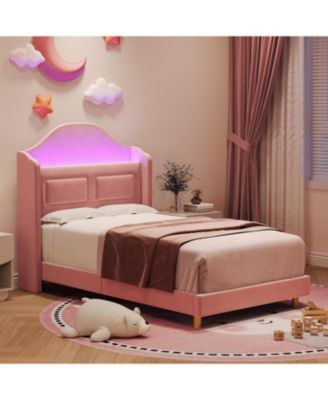 Princess Twin Upholstered Velvet Bed Frame, Wingback, LED Bookcase Headboard, 2 Pack, No Box Spring Needed