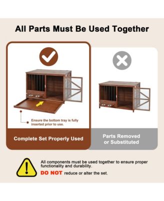  43" Solid Wood Dog Crate Furniture End Table with Rotating Feeder and Removable Tray