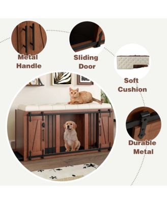 56" Walnut 2-in-1 Dog Crate Furniture with Padded Seat and Sliding Barn Door