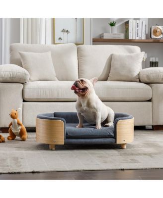 Mid-Century Wooden Pet Bed with Light Velvet Cushion