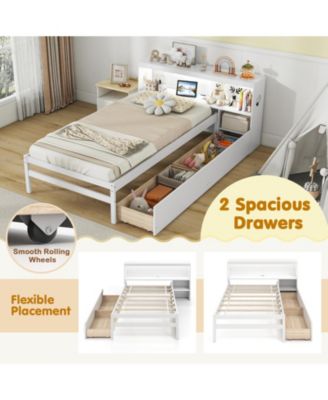 Bed Frame with LED Lights and Bookcase Headboard