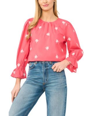Women's Embroidered Shirred Neck Cotton Blouse