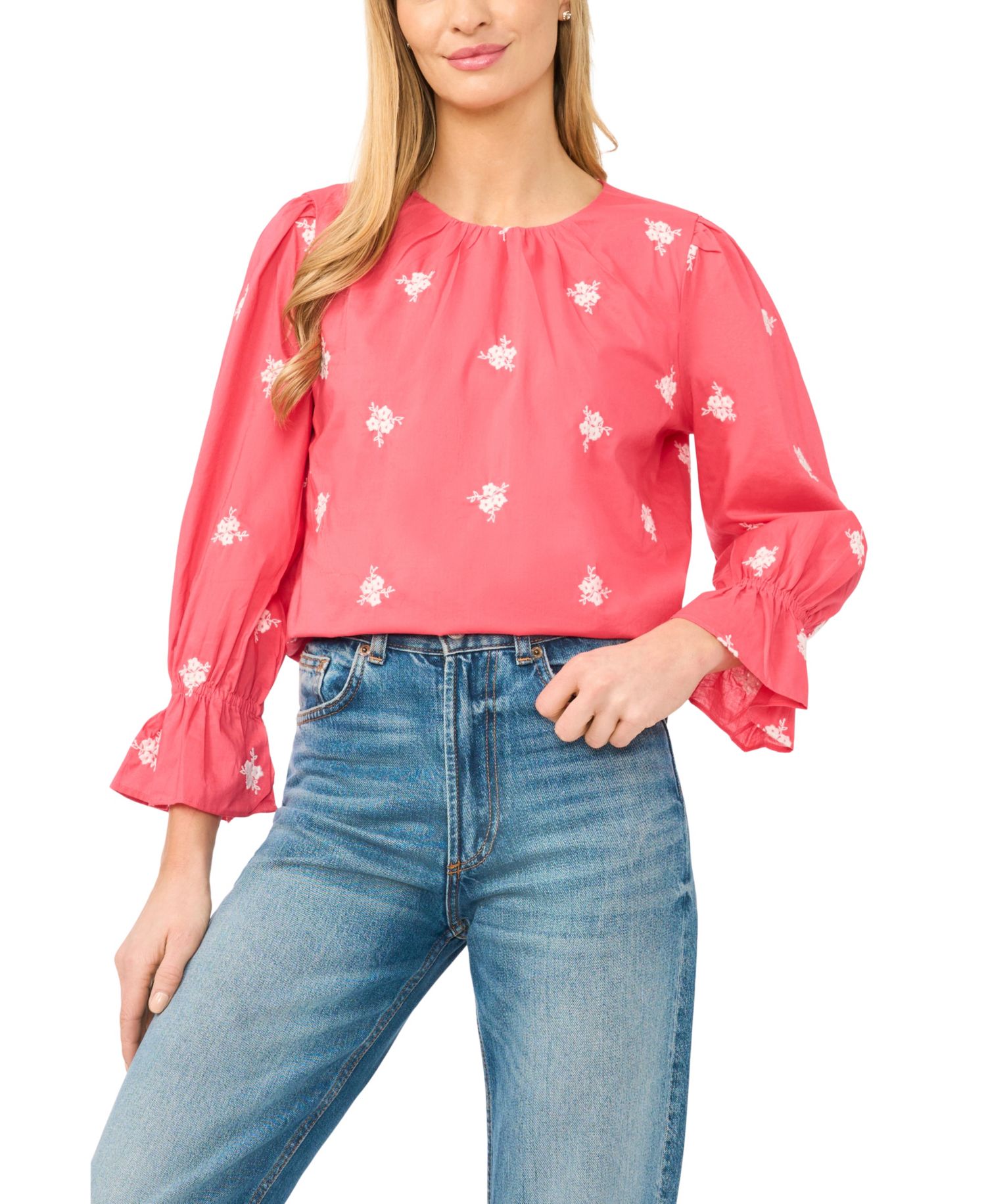 Women's Embroidered Shirred Neck Cotton Blouse