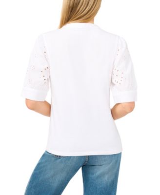 Women's Henley Puff-Sleeve Cotton Top