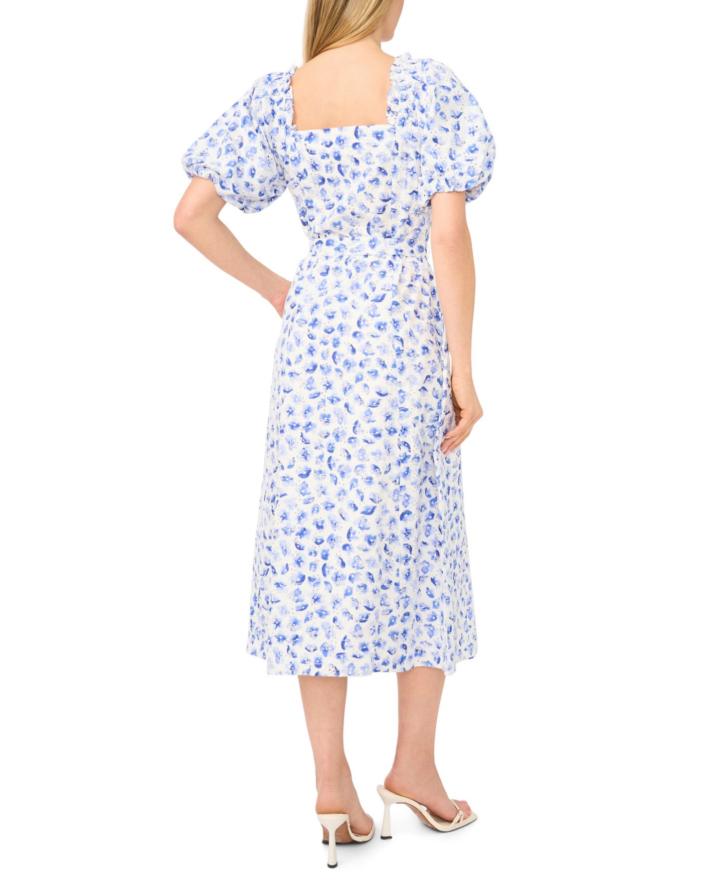 Женское платье CeCe Sweetheart Neck Puff-Sleeve Cotton Midi, цвет: Синий — фото 3