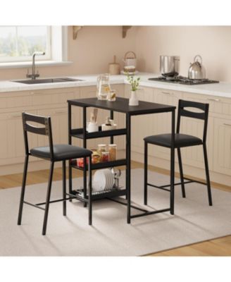 3-Piece Counter Height Dining Table Set, Storage Shelves & Upholstered Chairs, Wooden Table for Small Spaces