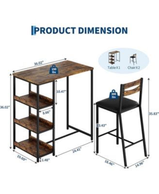 3-Piece Kitchen Table Set with Storage Shelves & 2 Upholstered Chairs, Space-Saving Iron & Wood Set for Apartments