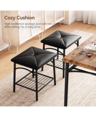 4-Piece Square Dining Table Set, Wood Table with 2 Upholstered Chairs & Bench, Metal Frame, Storage for Small Space