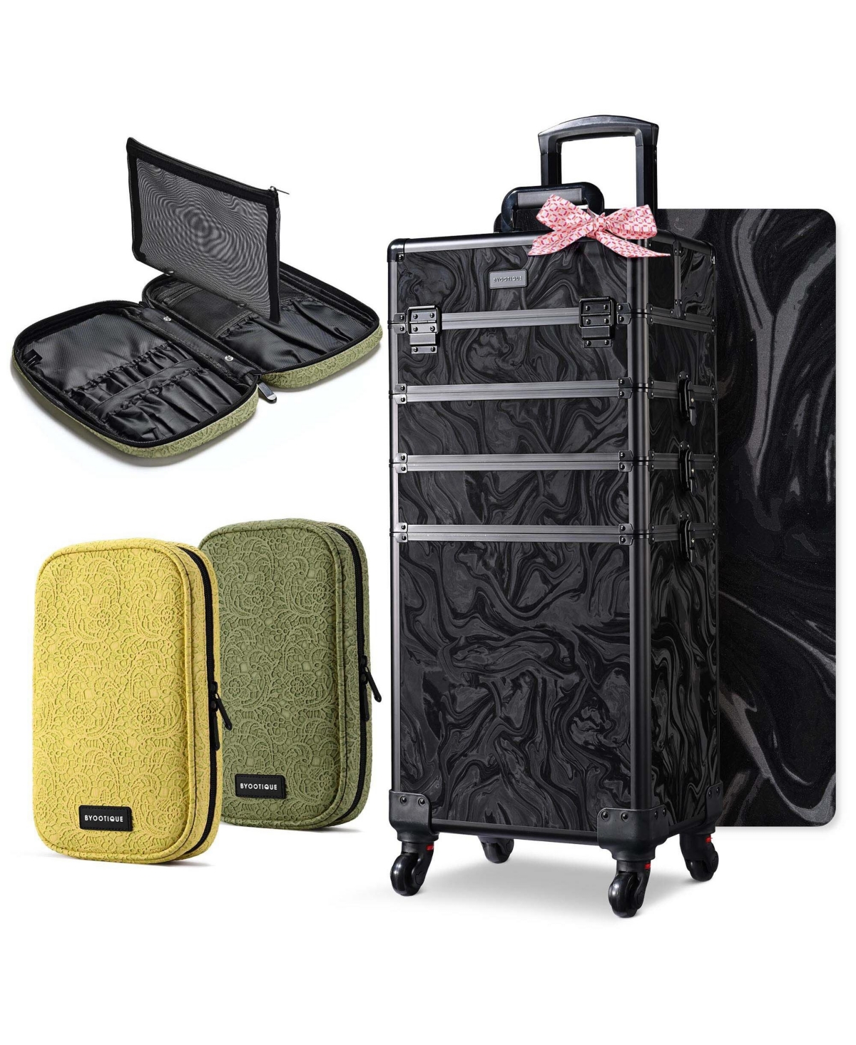 Byootique 4in1 Rolling Makeup Case with 2 Makeup Brush Bag, Cosmetic Train Case on Wheels for Makeup Artist Travel Hairstylist - Black