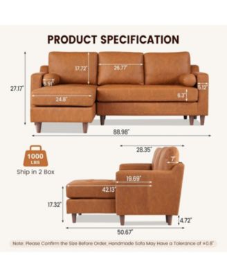 88.9" L-Shaped Leather Sofa with Chaise, Mid-Century Modern 3-Seater Couch