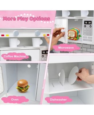 2 Piece Wooden Kids Play Kitchen Set with Refrigerator Sink Stove and Realistic Lights and Sounds