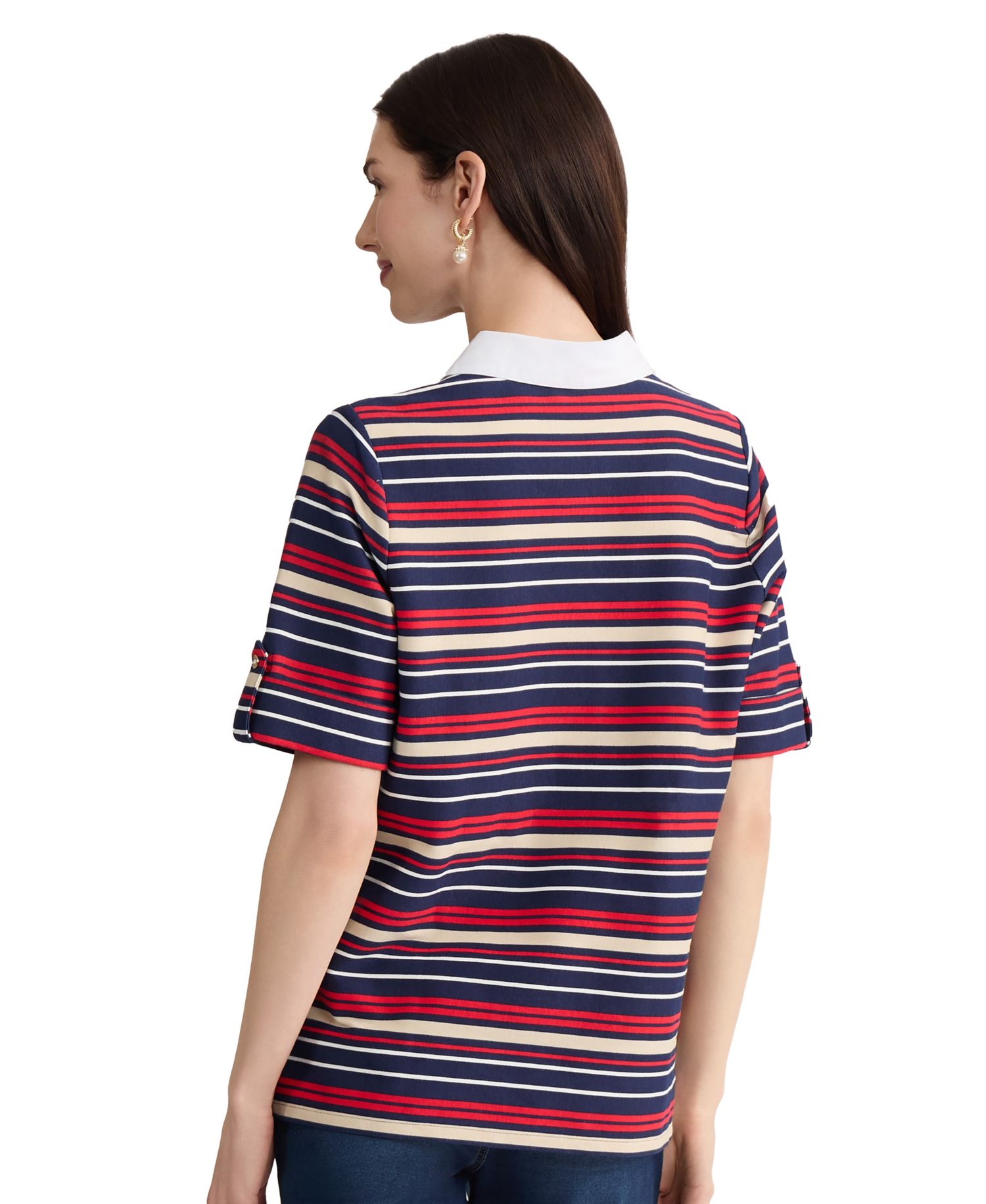 Petite Cuffed Elbow Sleeve Striped Polo