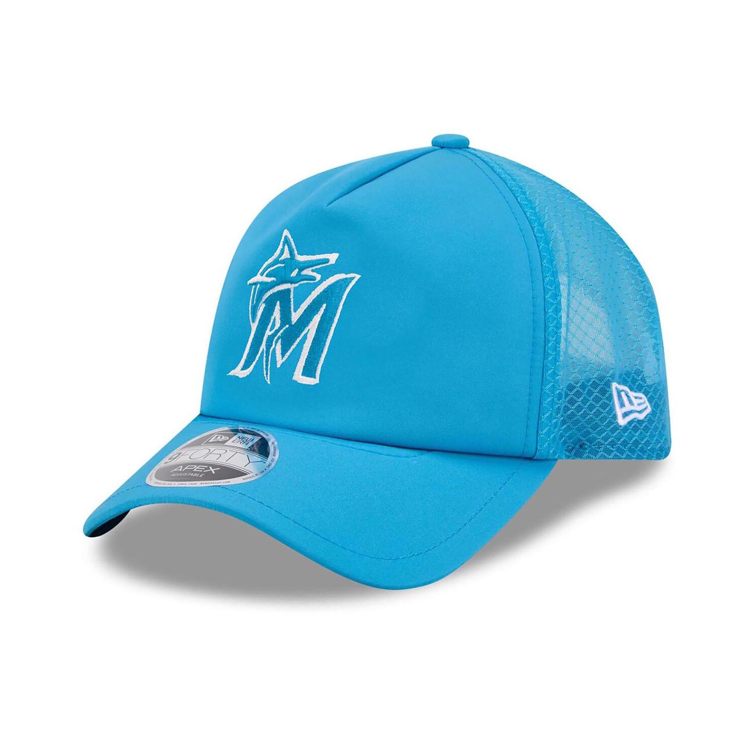 Men's Blue Miami Marlins 2026 Batting Practice Apex 9FORTY Adjustable Trucker Hat