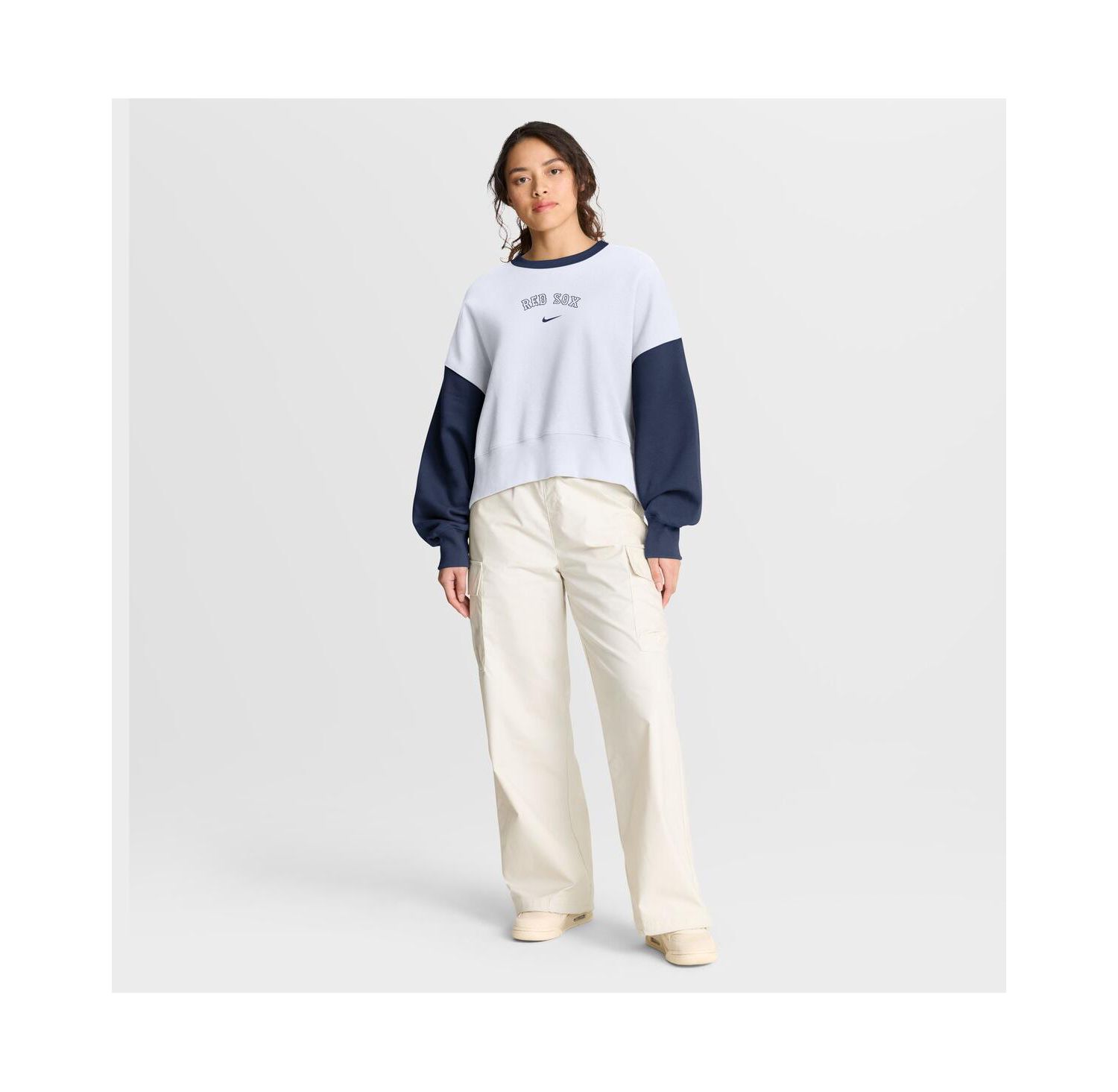 Women's White/Navy Boston Red Sox Oversized High Hip Fleece Sweatshirt