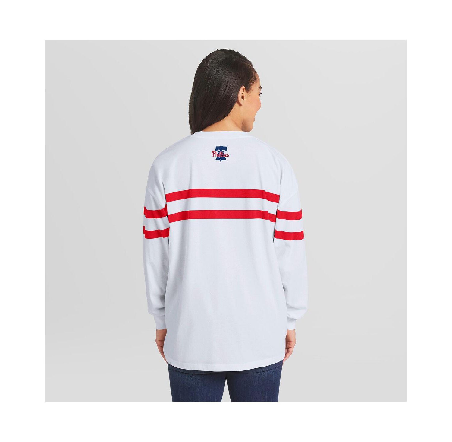 Women's White Philadelphia Phillies Oversized Long Sleeve Striped T-Shirt