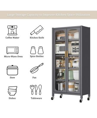 5 Tier Metal Display Storage Cabinet with Transparent Door, Adjustable Shelves and Wheels, Food Pantries Cabinets for Kitchen