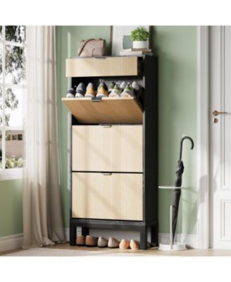 Shoe Storage Cabinet with 3 Flip Drawers Fluted Organizer Metal Legs Slim Entryway Rack