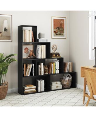 4-Tier Modern Stepped Bookshelf with 6 Storage Cubes for Living Room-Black