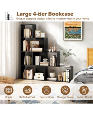 4-Tier Modern Stepped Bookshelf with 6 Storage Cubes for Living Room-Black