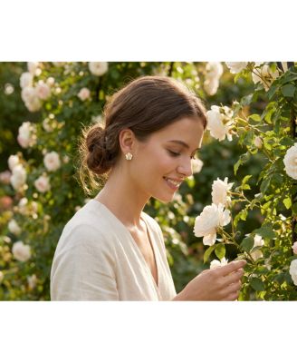 Fashion Enamel 3D White Rose Flower Stud Earrings Button Style For Non-Pierced Ears Gold Plated