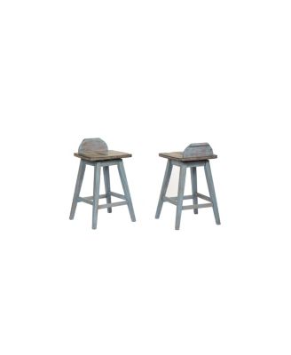 Set of 2 Swivel Counter Stools Distressed Gray & Blue Wash Solid Wood Seats