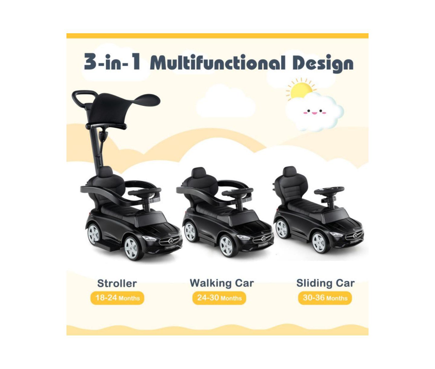 Детская игрушка HONGGE 3-in-1 Licensed Push Ride-On Car with Canopy, 33"L x 15.5"W x 35.5"H, 1-Player, Ages 18-36 Months, цвет: Чёрный — фото 5