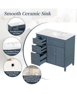 36" Bathroom Vanity with Ceramic Sink, Freestanding Cabinet with Tip-Out & Side Drawers, Adjustable Shelf, Modern Storage.