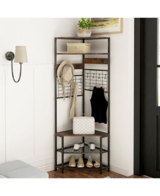 5-Tier Corner Hall Tree with Shoe Storage Bench-Rustic