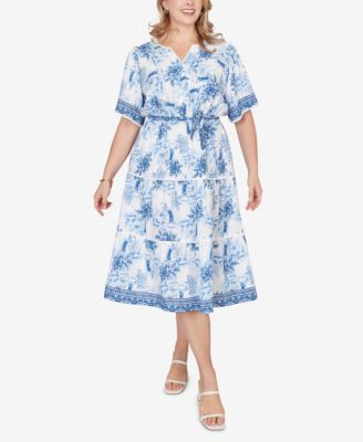 Plus Size Floral Toile Tie-Waist Tiered Dress