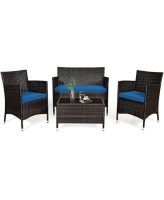 Set of 4 Outdoor Patio Rattan Conversation Furniture Set w/ Cushion Table