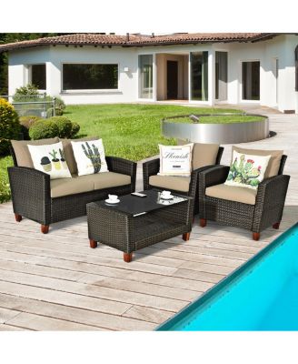 4PCS Cushioned Rattan Conversation Set w/ Coffee Table Patio Outdoor