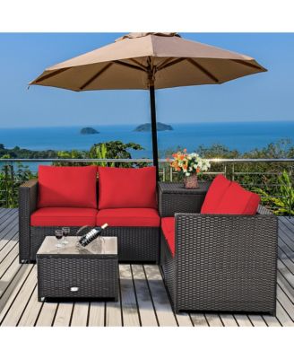 4PCS Cushioned Rattan Patio Conversation Set w/ Side Table Cushion