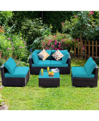 5PCS Rattan Patio Conversation Set Sofa Furniture Set w/ Cushions