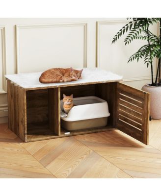 Cat Litter Box Enclosure w/ Winding Entry Louvered Door Wooden Pet Side Table