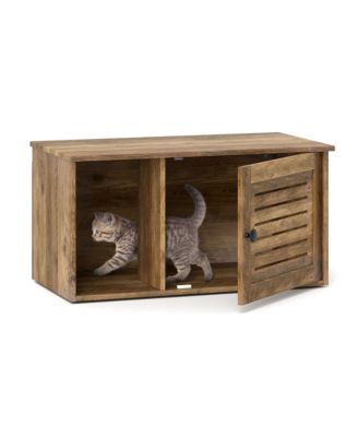 Cat Litter Box Enclosure w/ Winding Entry Louvered Door Wooden Pet Side Table